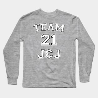 Vaccine pride: Team J&J (white college jersey typeface with black outline) Long Sleeve T-Shirt